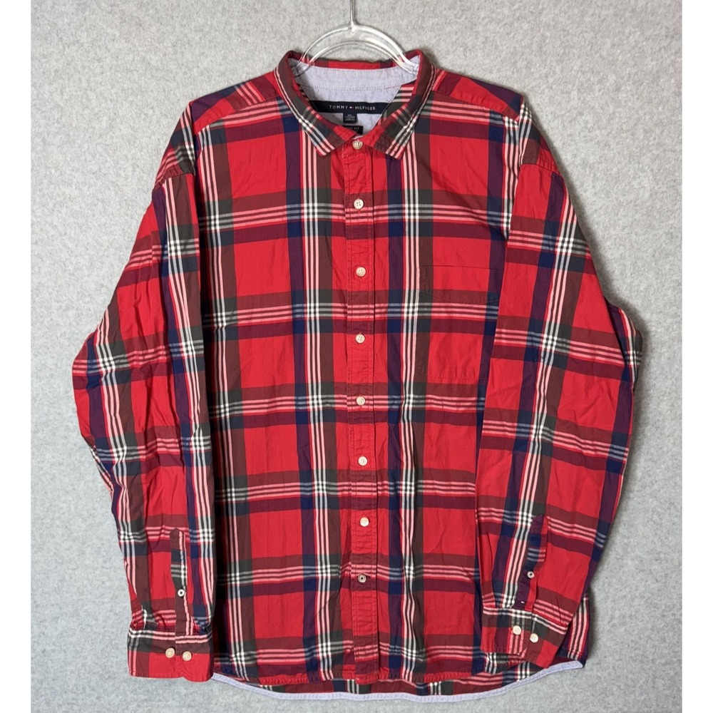 Tommy Hilfiger‎ Shirt Mens 2XL Red Navy Plaid Classic Fit Button Up Long Sleeve